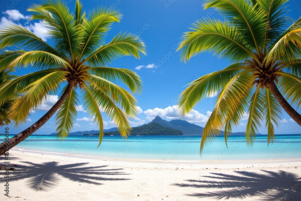 Serene Tropical Beach Scene with Lush Palm Trees Framing Crystal Clear Waters and a Blue Sky Filled with Fluffy White Clouds Serene Tropical Beach Scene with Lush Palm Trees Framing Crystal Clear Waters and a Blue Sky Filled with Fluffy White Clouds