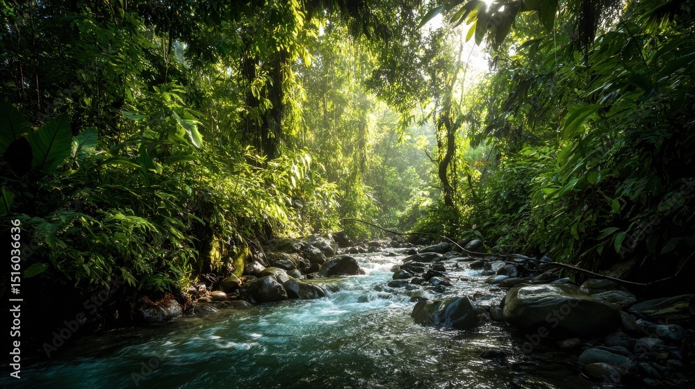 Lush Rainforest Stream Flowing Through Rocks, Representing Ecotourism and Environmental Conservation, With Sunlight Filtering Through the Canopy : Generative AI Lush Rainforest Stream Flowing Through Rocks, Representing Ecotourism and Environmental Conservation, With Sunlight Filtering Through the Canopy : Generative AI