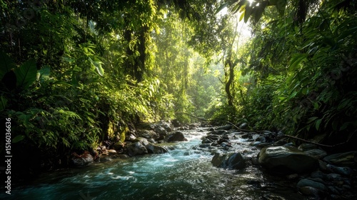 Lush Rainforest Stream Flowing Through Rocks, Representing Ecotourism and Environmental Conservation, With Sunlight Filtering Through the Canopy : Generative AI