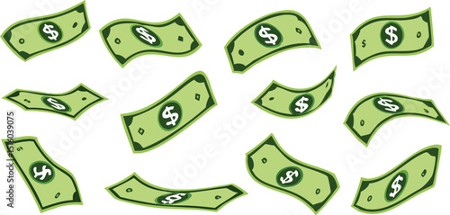 Falling dollar banknotes icon, money rain isolated on white background. money business concept, American dollar falling set. USD paper notes flying in the air.