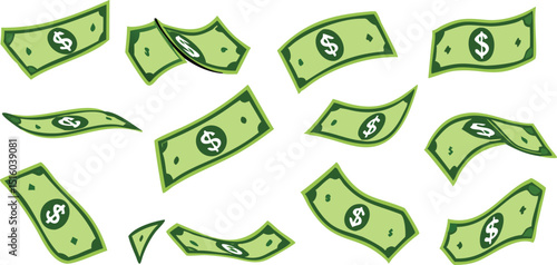 Falling dollar banknotes icon, money rain isolated on white background. money business concept, American dollar falling set. USD paper notes flying in the air.