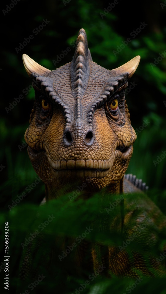 Realistic dinosaur model in jungle setting with lush green foliage. Realistic dinosaur model in jungle setting with lush green foliage.