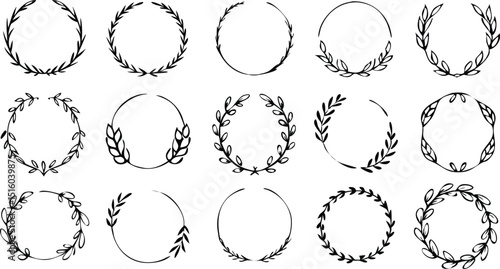Collection of different black and white silhouette circular laurel foliate and oak, wreaths depicting an award, heraldry, achievement, victory, crown, winner, ornate,Vector icon illustration.