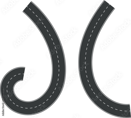 Wavy Curve road. Top view of racetrack. Winding road from top view vector illustration. Empty highway asphalt road, Ariel View Road, Empty highway black asphalt road with dividing lines.