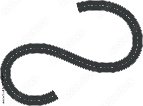 Wavy Curve road. Top view of racetrack. Winding road from top view vector illustration. Empty highway asphalt road, Ariel View Road, Empty highway black asphalt road with dividing lines.