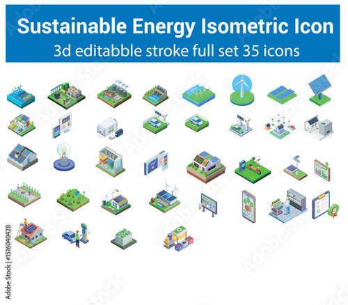 Sustainable Energy 3D Isometric Icon Set – Renewable Power, Green Technology, Smart Eco Systems
