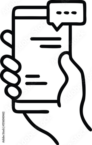 hand holding his phone icon, hand texting to someone on a message app, typing with a speech bubble, Editable stroke, vector illustration