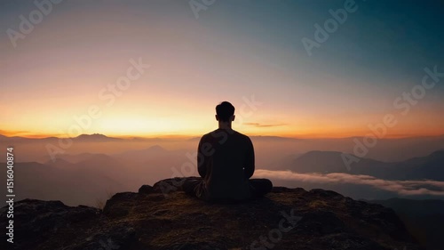 a person in silhouette, seen from behind, sitting in a meditative cross-legged pose on a rocky peak. The background features a breathtaking sunset with a sky painted in hues of orange and yellow