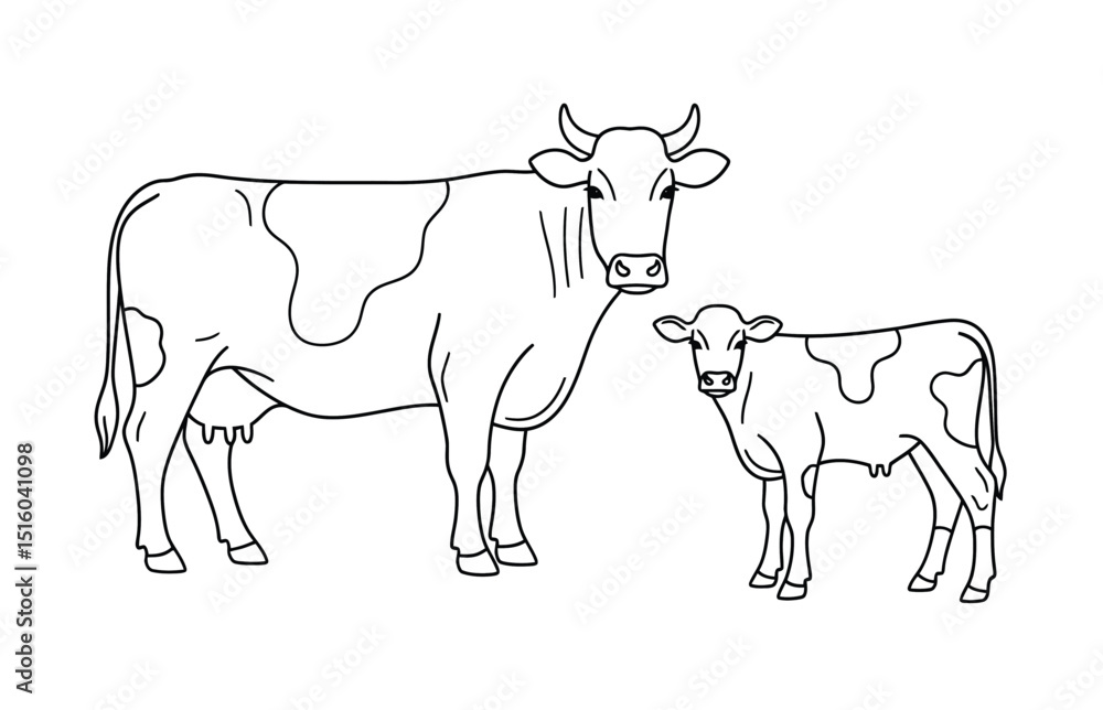 Fototapeta premium Cow calf drawing. It is a simple, black and white outline sketch of an adult cow and a calf standing together. Vector sketch line art draw.