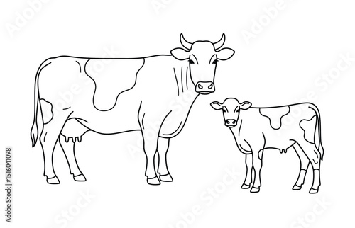 Cow calf drawing. It is a simple, black and white outline sketch of an adult cow and a calf standing together. Vector sketch line art draw.