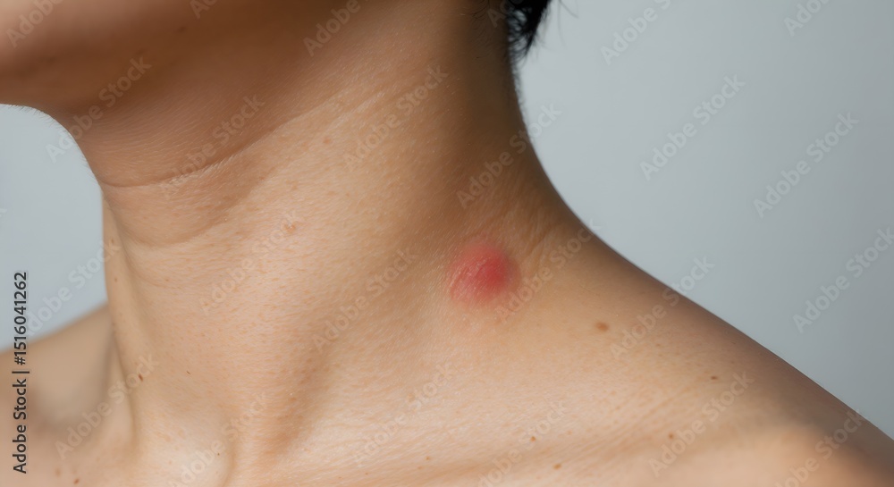 Close-up of mosquito bite on neck of a person with casual look Close-up of mosquito bite on neck of a person with casual look