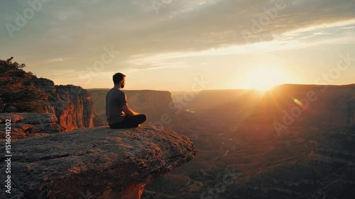 This breathtaking view captures a person in a meditating pose, seated on the very edge of a dramatic cliff overlooking an expansive canyon, during sunset. 