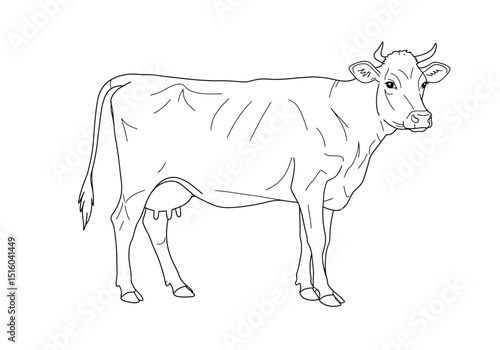 Jersey cow drawing. It is a detailed black and white outline sketch of a Jersey cow, a common dairy breed. Vector sketch line art draw.