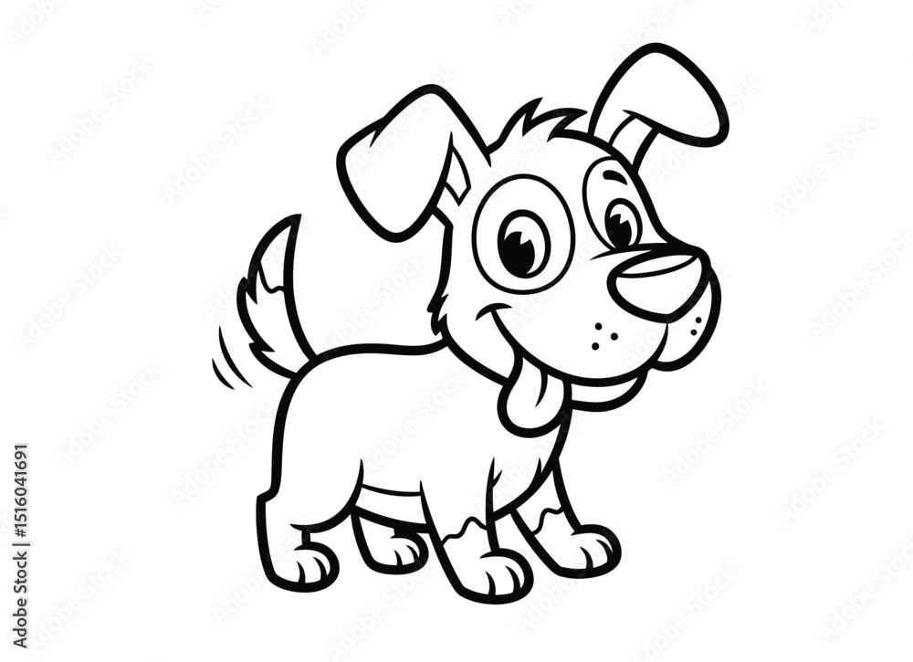 Fototapeta premium Dog cartoon drawing. It is a simple, black and white outline sketch of an adorable, happy cartoon dog with its tongue out. Vector sketch line art draw.
