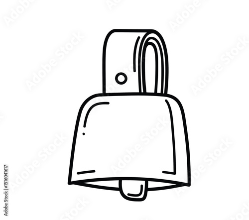 Cow bell drawing. It is a simple, black and white outline sketch of a traditional cowbell with a strap. Vector sketch line art draw.