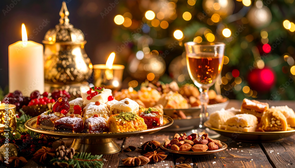 A festive table display with an assortment of desserts, nuts, and a drink, illuminated by candles and Christmas lights. A festive table display with an assortment of desserts, nuts, and a drink, illuminated by candles and Christmas lights.
