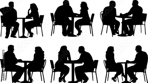 Silhouette artwork of seated couples in conversation around café tables, each scene showing different poses and perspectives. Neutral social atmosphere, black on white, simple vector graphic style sui