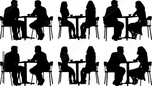 Silhouette artwork of seated couples in conversation around café tables, each scene showing different poses and perspectives. Neutral social atmosphere, black on white, simple vector graphic style sui