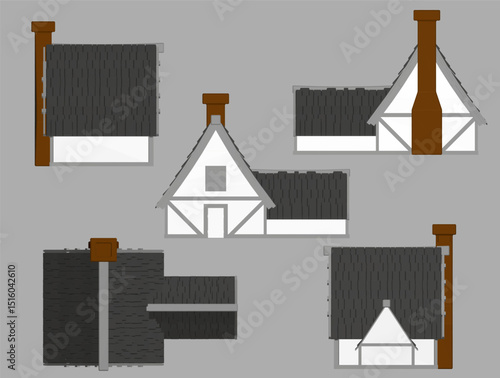 The image is a collection of different house designs, each with a unique roof style. Scene is creative and imaginative, as the houses are not real but rather stylized and drawn