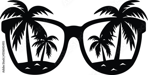 palm trees with sunglasses silhouette white background