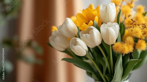 A delightful arrangement of pristine white tulips paired with vibrant yellow blooms, exuding freshness and elegance, perfect for any floral decor or celebration.