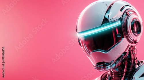 A close-up view of a sleek, modern robotic head featuring vibrant neon lights, showcasing the blend of technology and art in a futuristic concept.