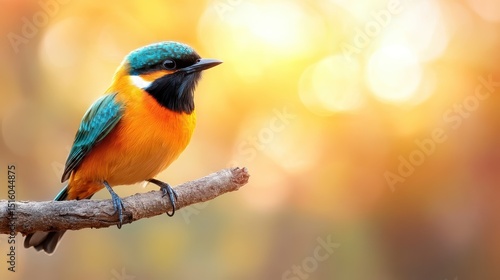 A vibrant bird with striking orange, blue, and black feathers sits on a branch, set against a beautifully blurred golden and green background, creating a serene and enchanting ambiance.
