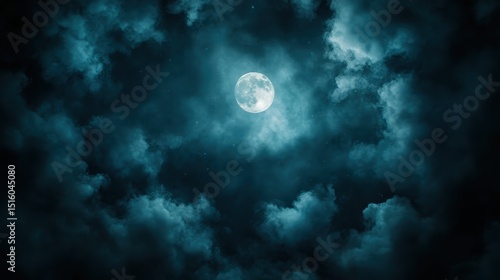 A stunning depiction of a full moon illuminating the night sky, surrounded by swirling clouds, creating a dreamy atmosphere that captivates the viewer's imagination.