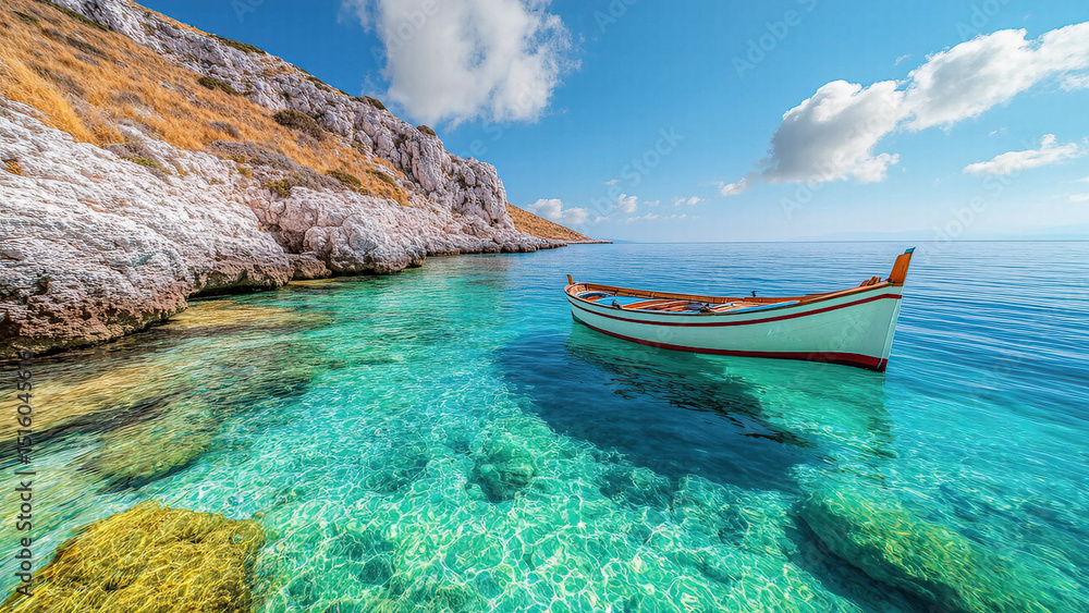 Obraz premium A small wooden boat floats peacefully on crystal-clear turquoise waters near a rocky coastline under a bright blue sky, evoking a sense of calm and serenity.