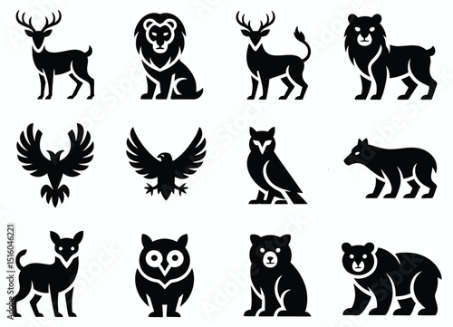 A black vector silhouette collection of various wild and domestic animals including cat, dog, horse, deer, tiger, and cow shapes