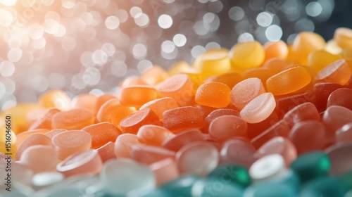 A vibrant close-up of various colorful gumdrops, arranged beautifully with a bokeh background, evoking sweetness and joy, perfect for candy-related themes or promotions.