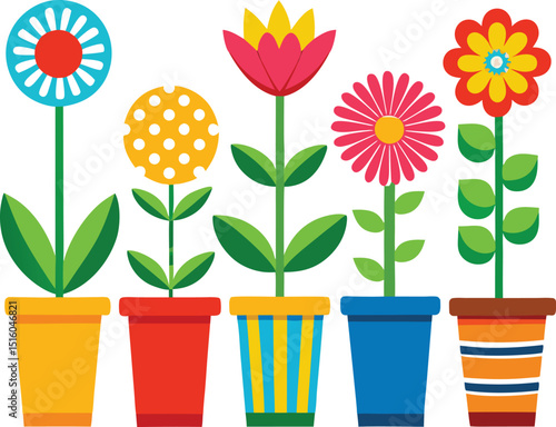 Five colorful potted flowers with brightly colored blooms and unique pot designs