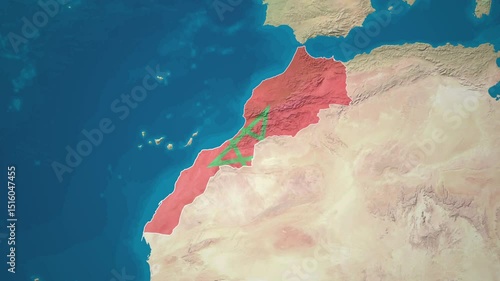 Zoom from Earth to Morocco. (Country Flag) World map animation with highlighted country borders. Western  North Africa 3d world map animation highlights aerial views, tourism, and travel. 4k