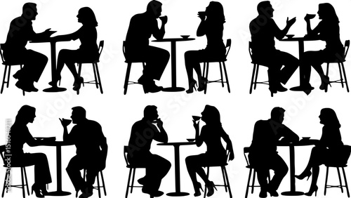"Set of black silhouettes depicting pairs of people at café tables from a top-down, slightly angled view. Diverse couples shown gesturing, drinking, and talking with each other in a grid format over w