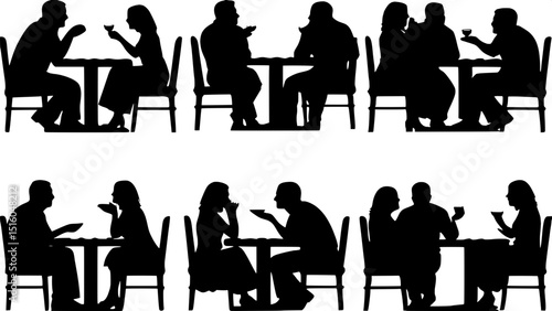 "Set of black silhouettes depicting pairs of people at café tables from a top-down, slightly angled view. Diverse couples shown gesturing, drinking, and talking with each other in a grid format over w