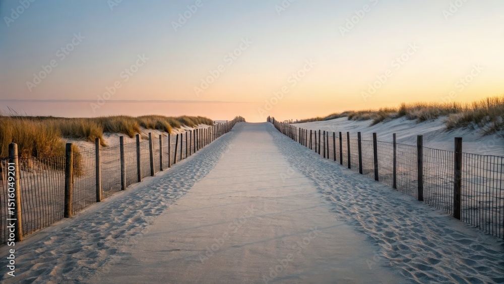 Obraz premium Pathway through sand dunes leading to a serene beach at sunset.