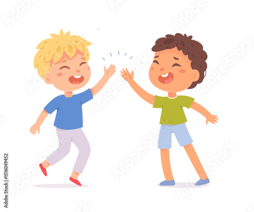 Happy kids giving a high five. Smiling boys celebrating together. Friendship and teamwork concept. Cute flat vector illustration isolated on white background.