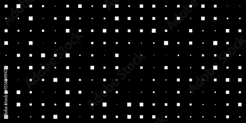 Seamless dotted black square pattern on white background. Geometric minimal digital design with different square shapes. Abstract vector illustration.