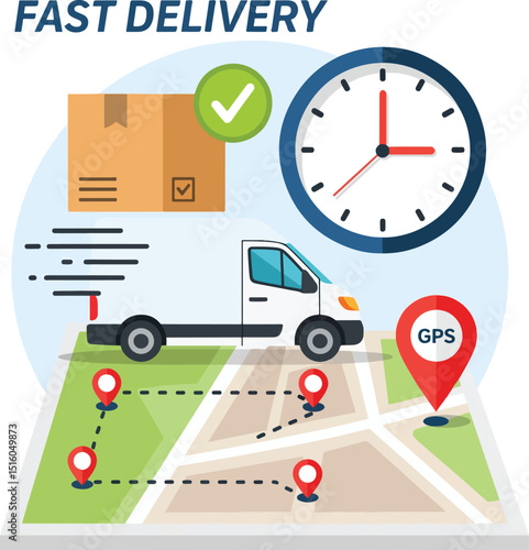 Vector flat illustration of fast delivery with van, map, delivery box, clock and GPS pin, clean and modern style.eps