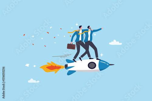 Co-founder to start company, partnership or teamwork to success together, cooperation or collaboration colleagues, agreement or trust concept, business partner riding rocket to success together.