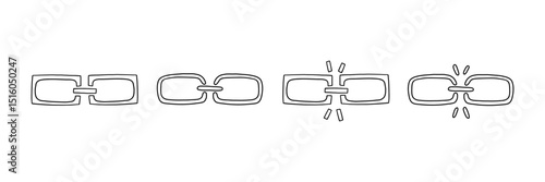 Doodle outline unlink icon set. Weak disconnect outline broken gap unlink collection. Vector illustration