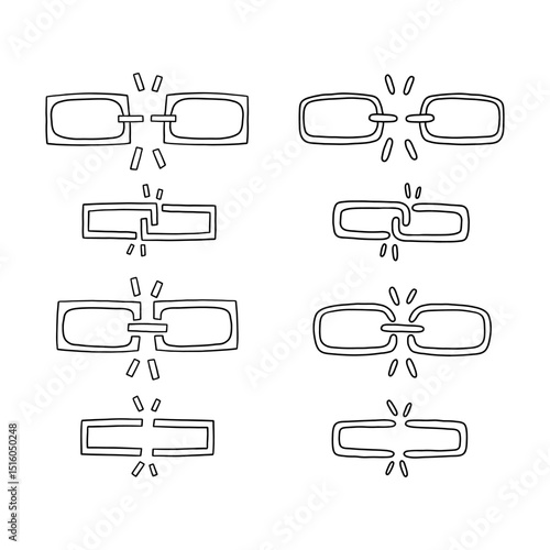 Doodle ui unlink icon set. Weak disconnect outline broken gap unlink collection. Vector illustration