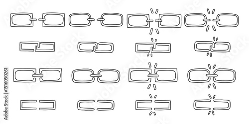 Doodle unlink icon set. Weak disconnect outline broken gap unlink collection. Vector illustration