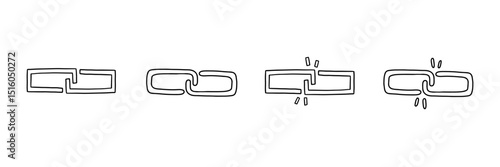 Doodle line unlink icon set. Weak disconnect outline broken gap unlink collection. Vector illustration