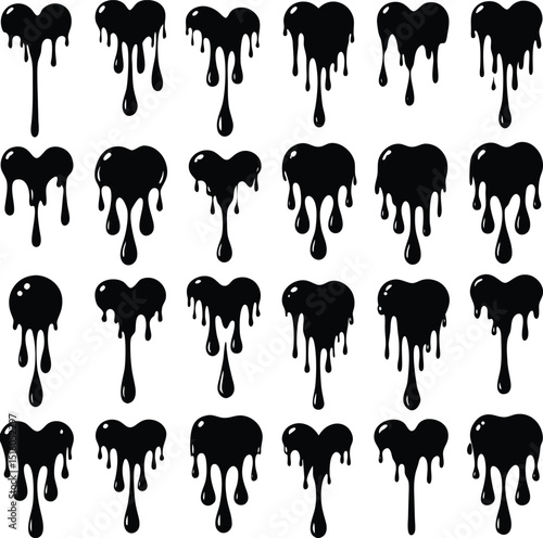 Collection of twenty four black dripping heart shapes isolated on white background