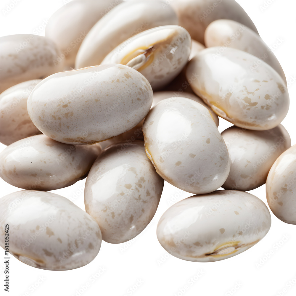 A close-up of cannellini beans with a glossy sheen, isolated on white, high-resolution macro shot. A close-up of cannellini beans with a glossy sheen, isolated on white, high-resolution macro shot.
