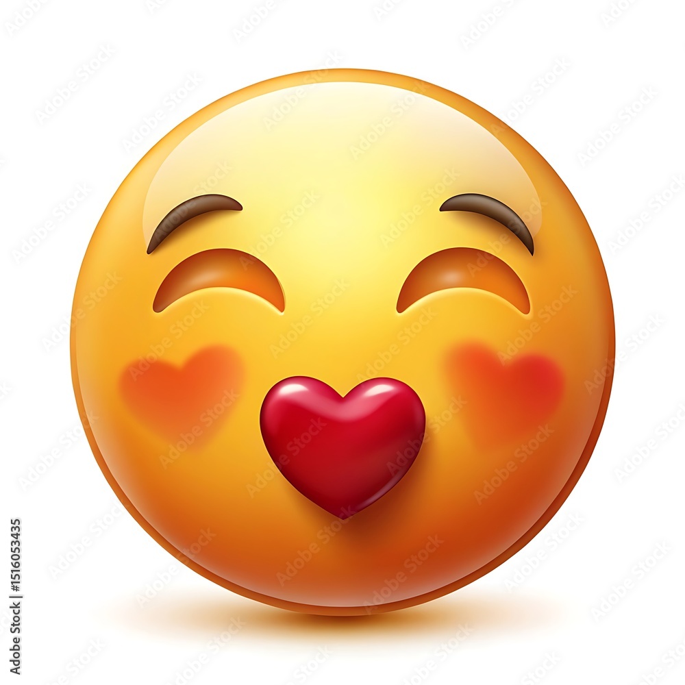 Fototapeta premium Smiling emoji face with heart eyes and a heart-shaped mouth, isolated on white background, conveying love, affection, and happiness in a digital illustration