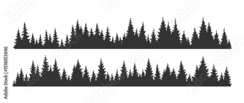 Set of fir trees silhouettes. Coniferous spruce horizontal background patterns, black evergreen woods vector illustration. Beautiful hand drawn panoramas of coniferous forest