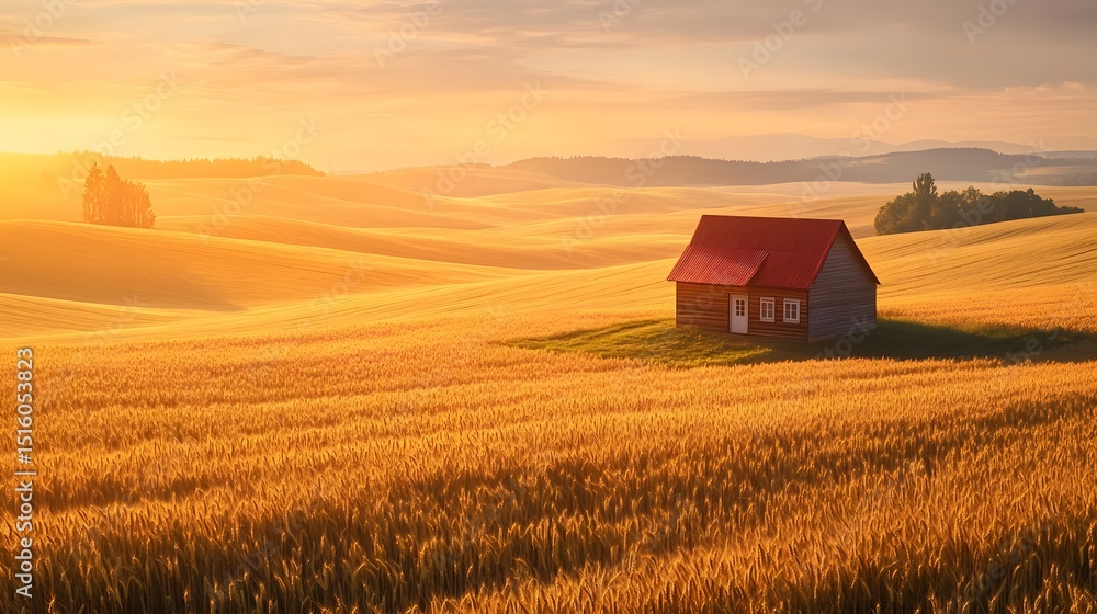 A tiny house surrounded by endless wheat fields A tiny house surrounded by endless wheat fields