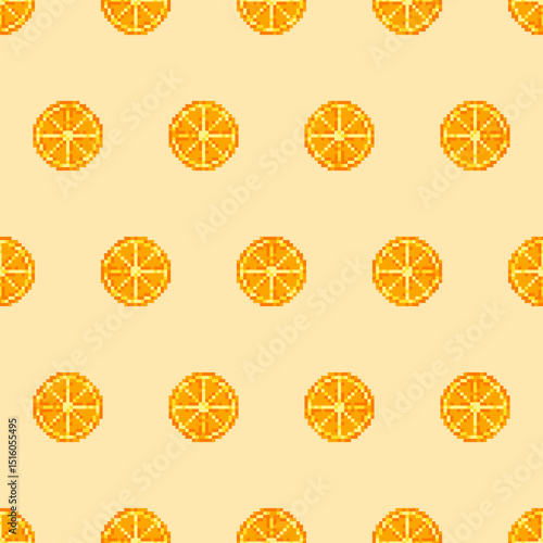 Bright seamless pattern with citrus slices in pixel art style. Fresh summer design with orange or mandarin for packaging, wrapping or textile.